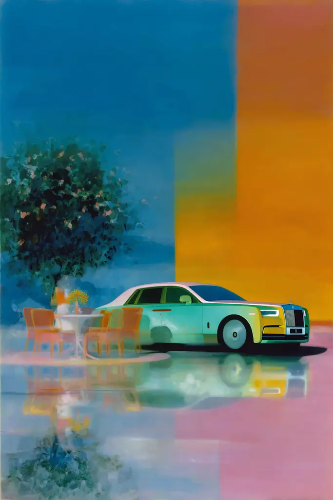 Midjourney generated image using SREF code Plurailteа: A painting of a white car parked in front of a tree.