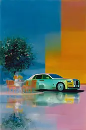 Midjourney generated image using SREF code Plurailteа: A painting of a white car parked in front of a tree.