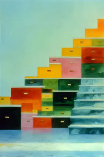 Midjourney generated image using SREF code Plurailteа: A painting of a set of stairs with colorful drawers.