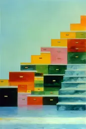 Midjourney generated image using SREF code Plurailteа: A painting of a set of stairs with colorful drawers.