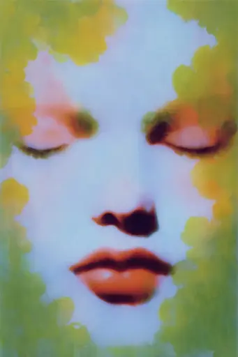 Midjourney generated image using SREF code Plurailteа: A painting of a woman's face with yellow and green leaves.
