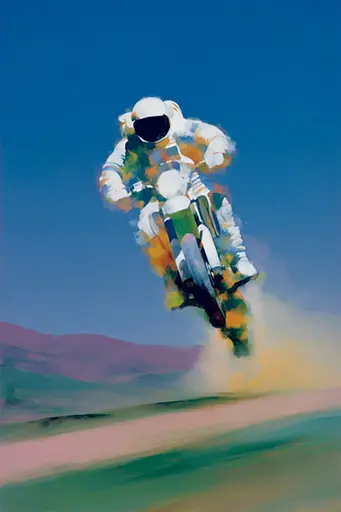 Midjourney generated image using SREF code Plurailteа: A painting of a man riding a motorcycle in the air.