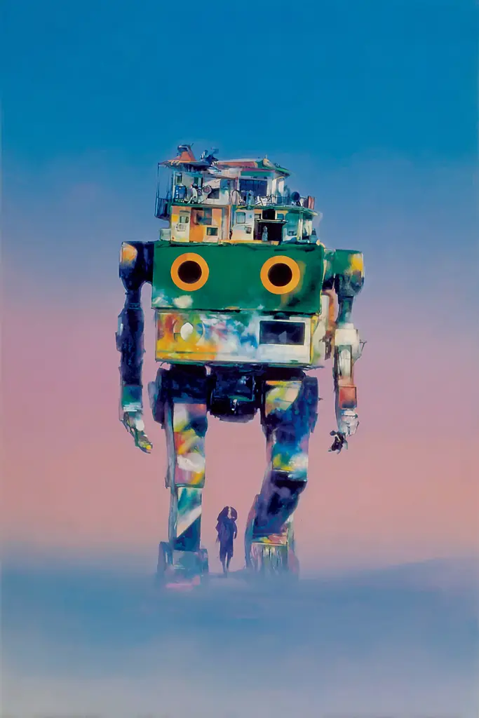 Midjourney generated image using SREF code Plurailteа: A painting of a giant robot walking across a field.