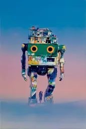 Midjourney generated image using SREF code Plurailteа: A painting of a giant robot walking across a field.