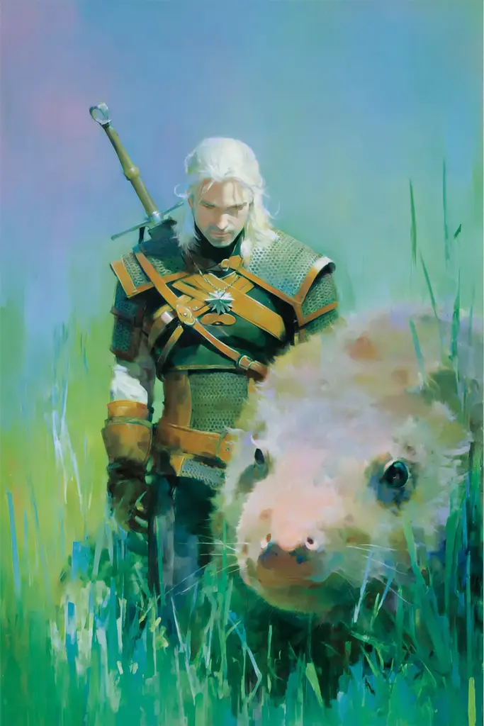 Midjourney generated image using SREF code Plurailteа: A painting of a man standing next to a pig in a field.