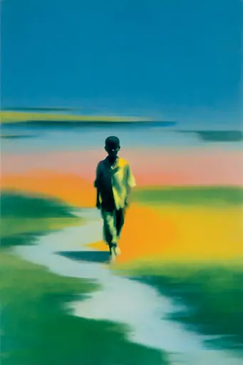 Midjourney generated image using SREF code Plurailteа: A painting of a man walking across a field.