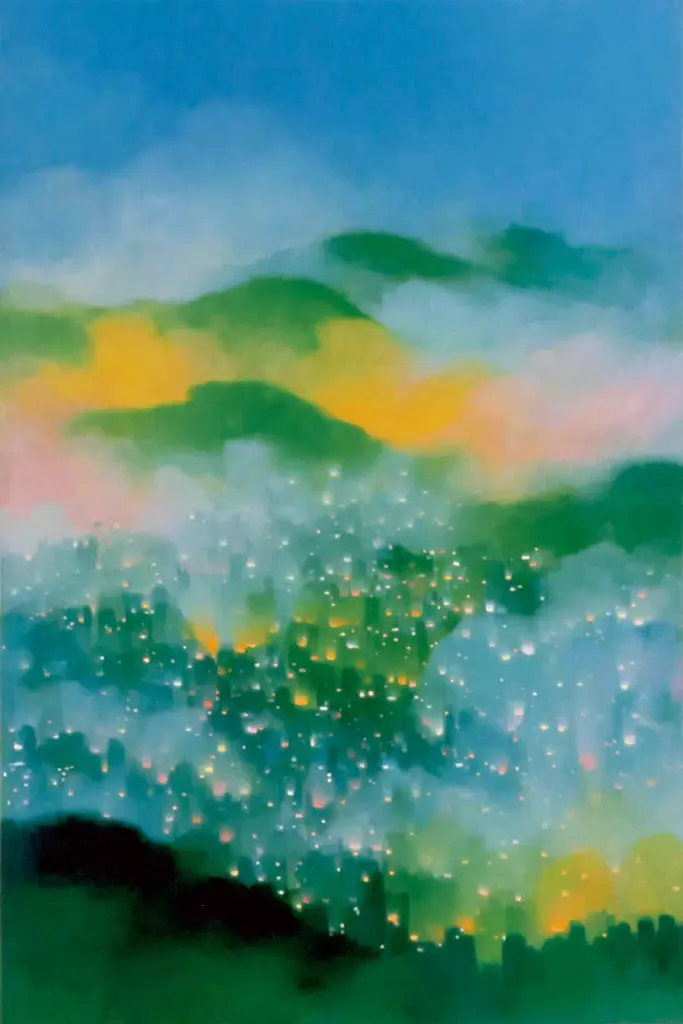 Midjourney generated image using SREF code Plurailteа: A painting of a city at night with a mountain in the background.