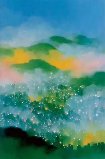 Midjourney generated image using SREF code Plurailteа: A painting of a city at night with a mountain in the background.