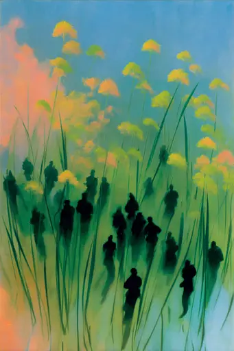 Midjourney generated image using SREF code Plurailteа: A painting of a group of people walking through tall grass.