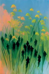 Midjourney generated image using SREF code Plurailteа: A painting of a group of people walking through tall grass.