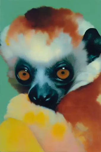 Midjourney generated image using SREF code Plurailteа: A painting of a lemur wrapped in a blanket.