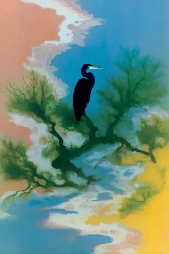 Midjourney generated image using SREF code Plurailteа: A painting of a bird sitting on a tree branch.