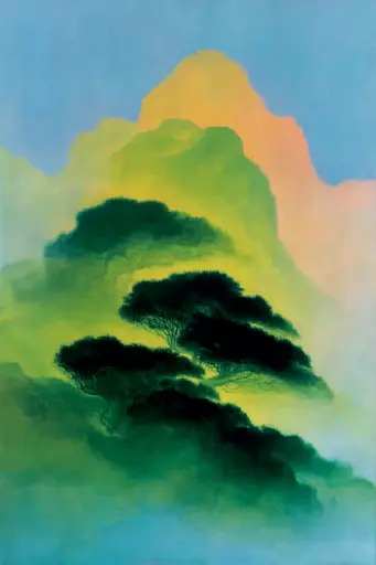 Midjourney generated image using SREF code Plurailteа: A painting of a tree in the middle of a cloudy sky.
