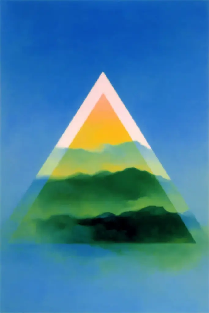Midjourney generated image using SREF code Plurailteа: A painting of a triangle with mountains in the background.