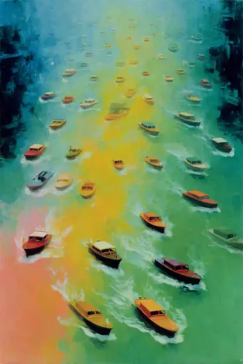 Midjourney generated image using SREF code Plurailteа: A painting of many boats floating on a body of water.