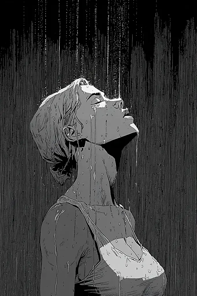 Midjourney generated image using SREF code Monoloom: A woman standing in the rain with her eyes closed.