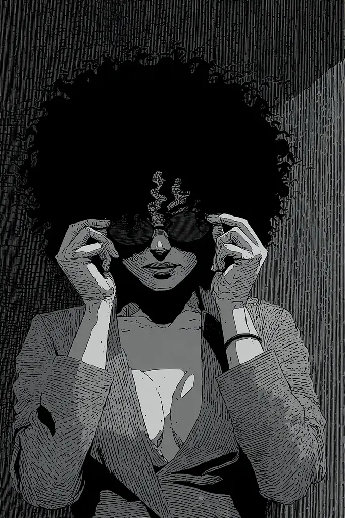 Midjourney generated image using SREF code Monoloom: A black and white illustration of a woman with an afro.