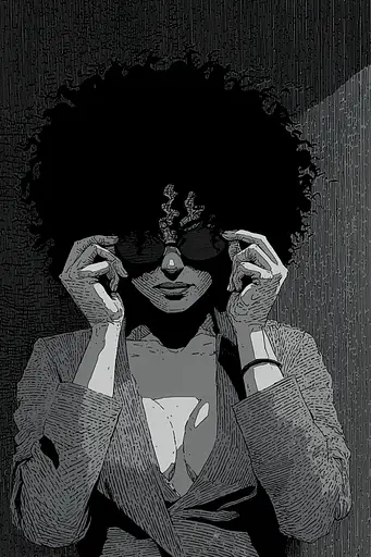 Midjourney generated image using SREF code Monoloom: A black and white illustration of a woman with an afro.