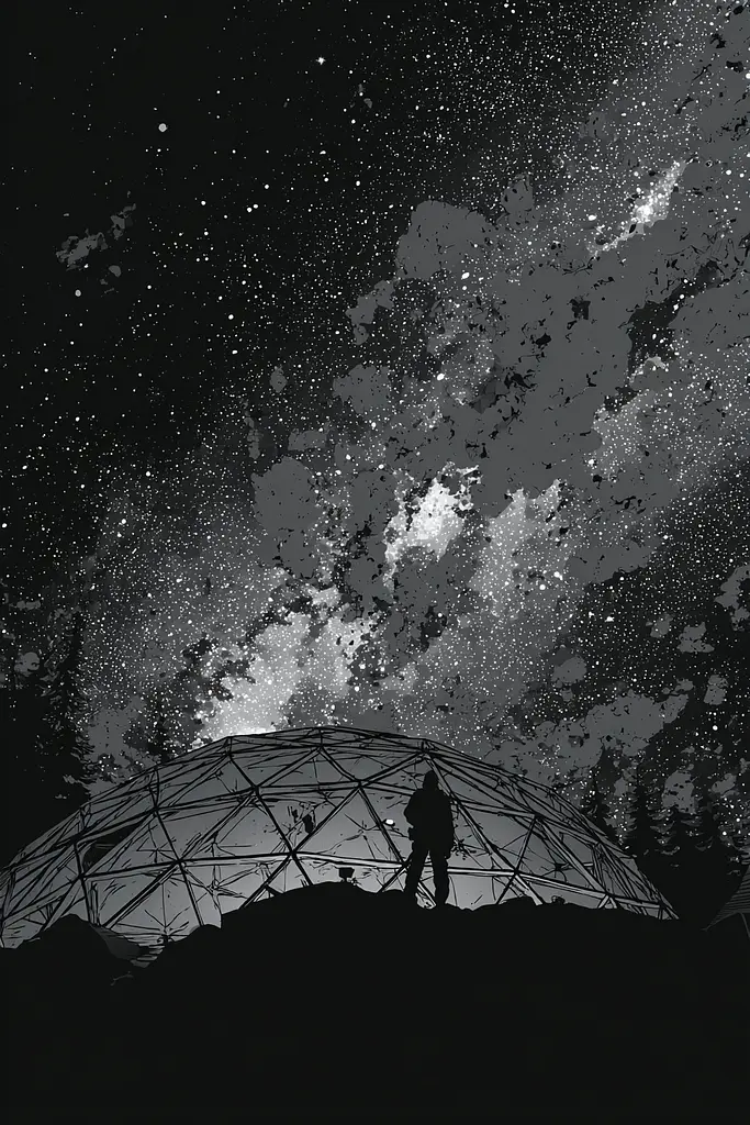 Midjourney generated image using SREF code Monoloom: A person standing in front of a dome under a starry sky.