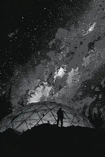Midjourney generated image using SREF code Monoloom: A person standing in front of a dome under a starry sky.