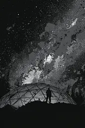 Midjourney generated image using SREF code Monoloom: A person standing in front of a dome under a starry sky.