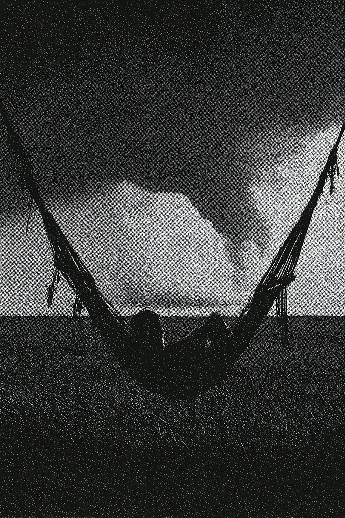 Midjourney generated image using SREF code Monoloom: A black and white photo of a person in a hammock.