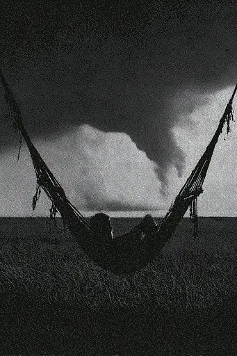 Midjourney generated image using SREF code Monoloom: A black and white photo of a person in a hammock.