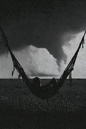 Midjourney generated image using SREF code Monoloom: A black and white photo of a person in a hammock.