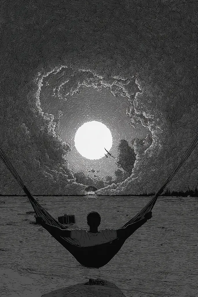 Midjourney generated image using SREF code Monoloom: A person sitting in a hammock in the middle of the ocean.