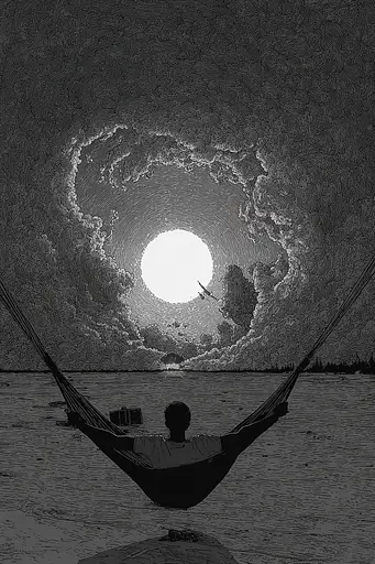 Midjourney generated image using SREF code Monoloom: A person sitting in a hammock in the middle of the ocean.
