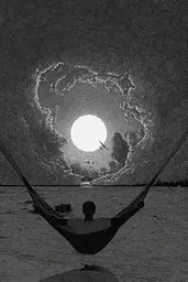 Midjourney generated image using SREF code Monoloom: A person sitting in a hammock in the middle of the ocean.