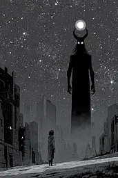 Midjourney generated image using SREF code Monoloom: A man standing in the middle of a city at night.