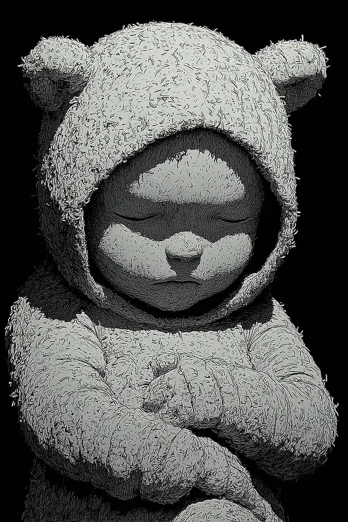 Midjourney generated image using SREF code Monoloom: A black and white photo of a teddy bear wearing a hoodie.