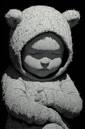Midjourney generated image using SREF code Monoloom: A black and white photo of a teddy bear wearing a hoodie.