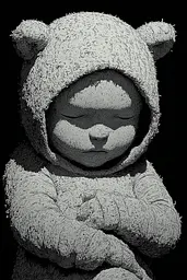 Midjourney generated image using SREF code Monoloom: A black and white photo of a teddy bear wearing a hoodie.