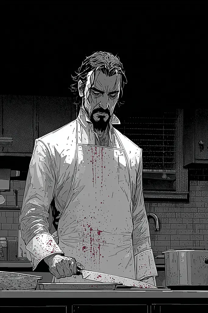 Midjourney generated image using SREF code Monoloom: A man in a kitchen with a knife in his hand.