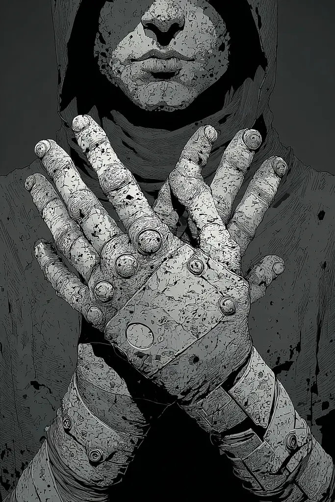 Midjourney generated image using SREF code Monoloom: A black and white illustration of a man in a hooded jacket.