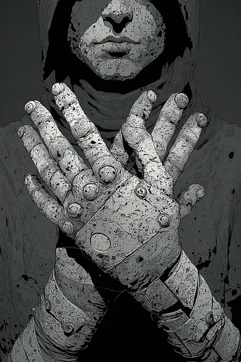 Midjourney generated image using SREF code Monoloom: A black and white illustration of a man in a hooded jacket.