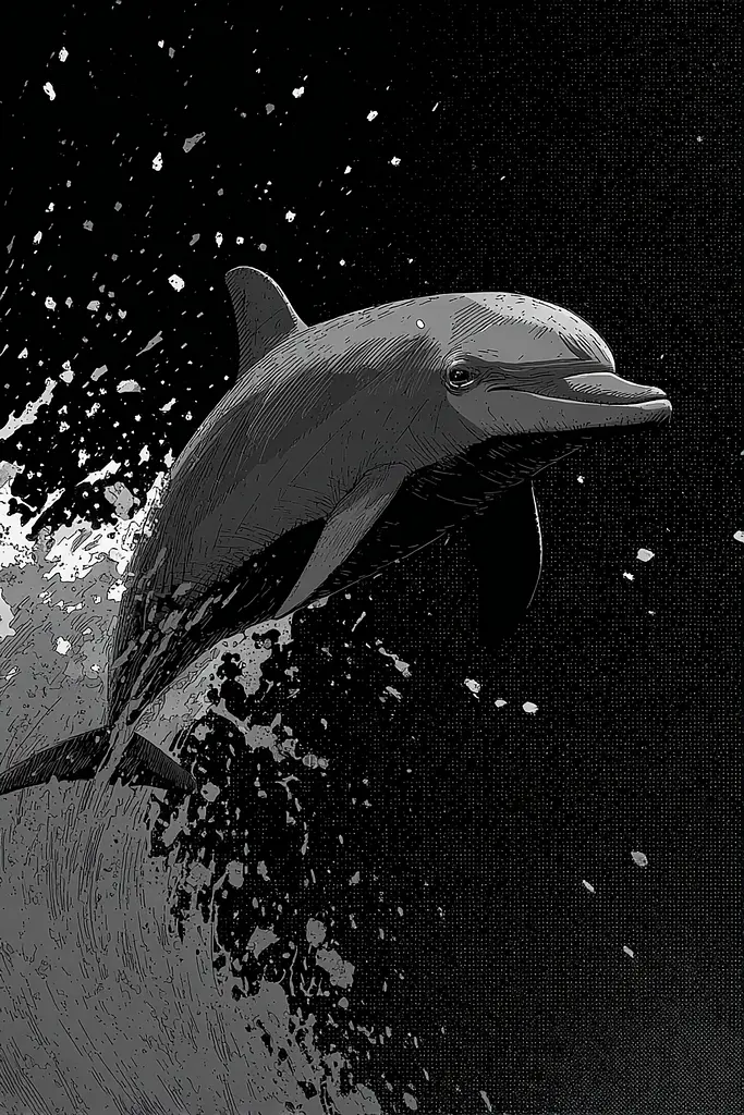 Midjourney generated image using SREF code Monoloom: A black and white illustration of a dolphin jumping out of the water.
