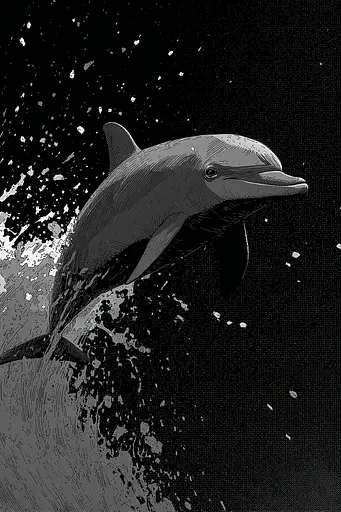 Midjourney generated image using SREF code Monoloom: A black and white illustration of a dolphin jumping out of the water.
