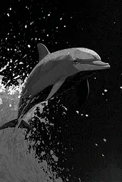 Midjourney generated image using SREF code Monoloom: A black and white illustration of a dolphin jumping out of the water.