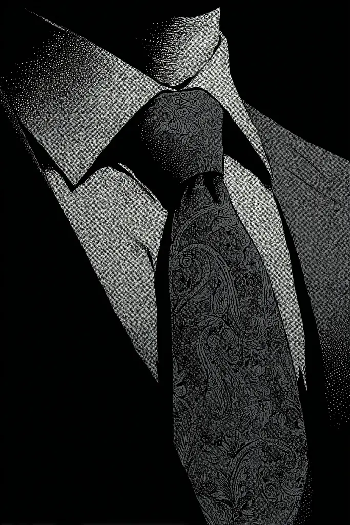 Midjourney generated image using SREF code Monoloom: A black and white photo of a man wearing a suit and tie.