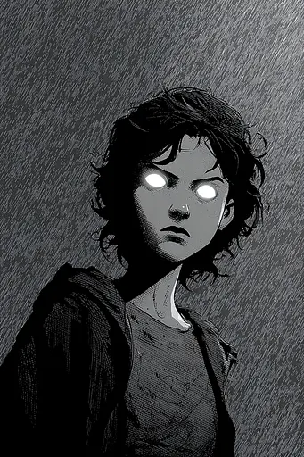Midjourney generated image using SREF code Monoloom: A black and white illustration of a person with glowing eyes.