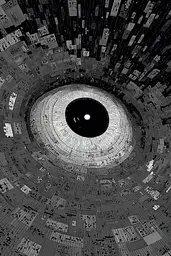 Midjourney generated image using SREF code Monoloom: A black and white image of a circular structure.