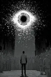 Midjourney generated image using SREF code Monoloom: A man standing in front of a crowd of people.