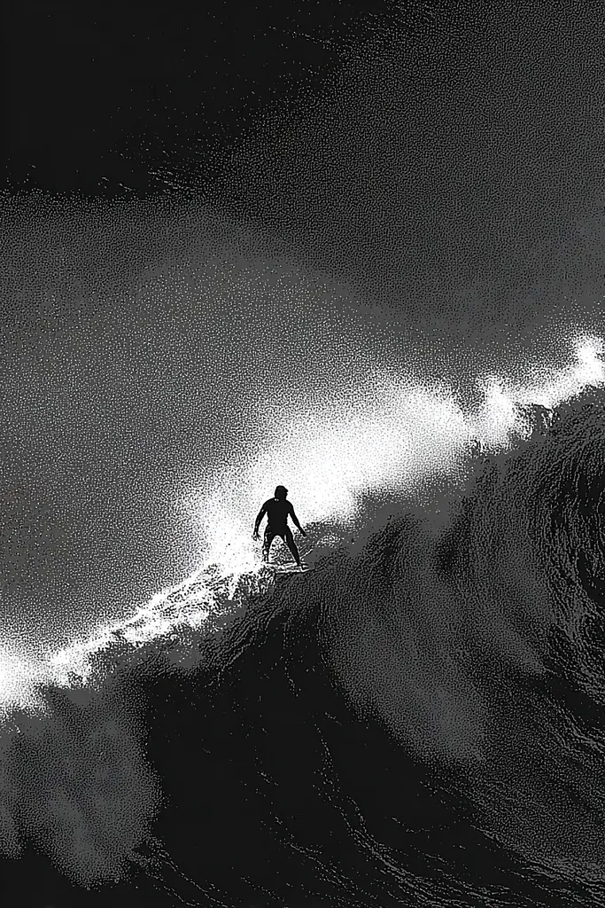 Midjourney generated image using SREF code Monoloom: A man riding a wave on top of a surfboard.