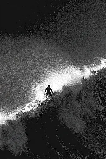 Midjourney generated image using SREF code Monoloom: A man riding a wave on top of a surfboard.