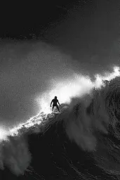 Midjourney generated image using SREF code Monoloom: A man riding a wave on top of a surfboard.