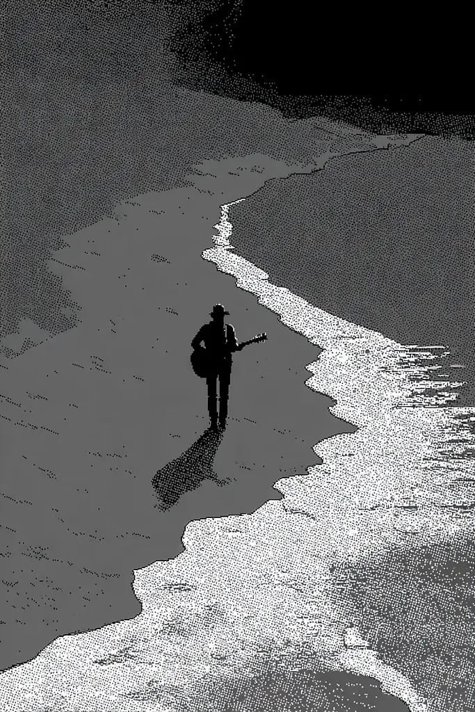 Midjourney generated image using SREF code Monoloom: A man walking on the beach with a guitar.