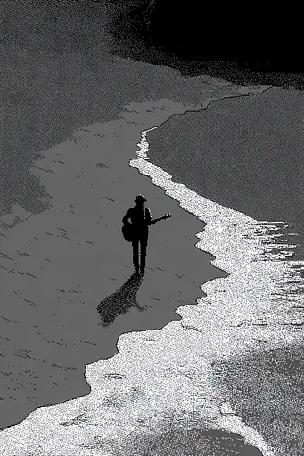 Midjourney generated image using SREF code Monoloom: A man walking on the beach with a guitar.